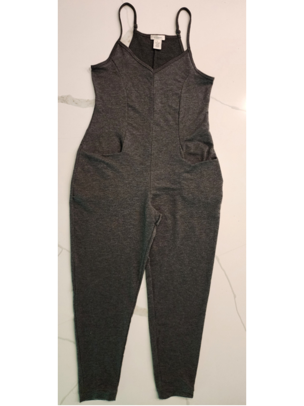 No Comment Gray Spaghetti Strap Jumpsuit Romper S Stretch Pockets Full Length